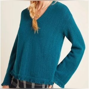 ❤️💙Anthropologie Joy Fringed V-neck Teal Sweater-M